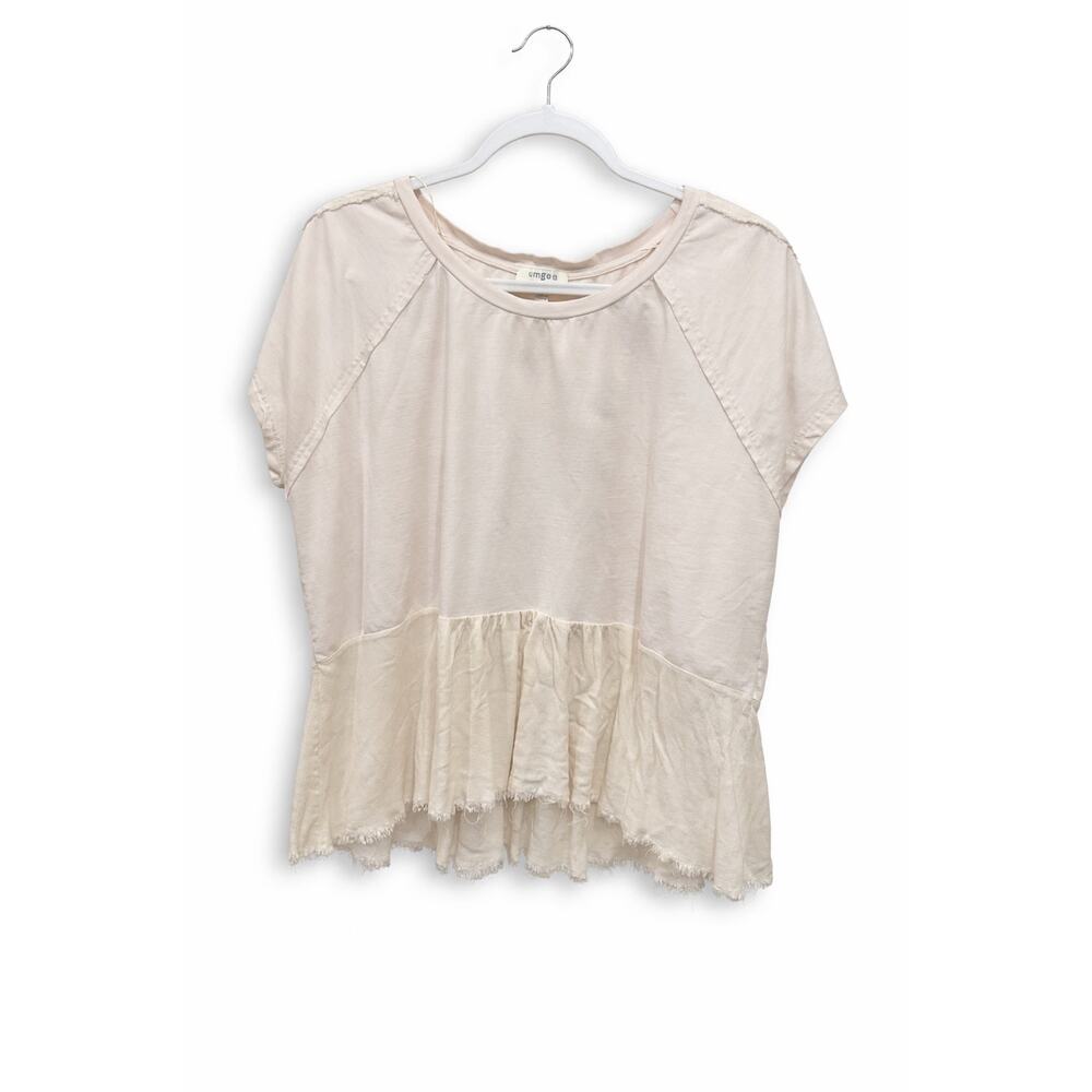 Umgee Large Wns Blush/Cream Peplum Top Boho Raw Hem Cottagecore Boutique